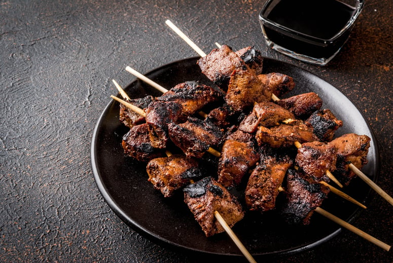 Grilled Beef Liver on Skewers, with Teriyaki or Soy Sauce, Yakit