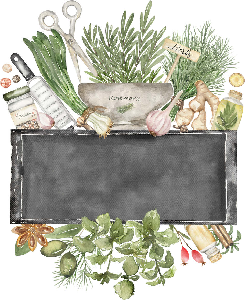 Watercolor spices and herbs chalkboard border frame for cooking designs, hand drawn spices, root ginger, onion, garlic, paper and kitchen utensils clipart, menu wreath, label, logo