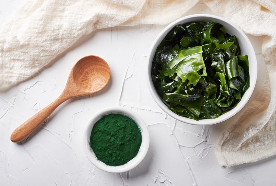 Kelp Seaweed and Spirulina Powder in Bowls