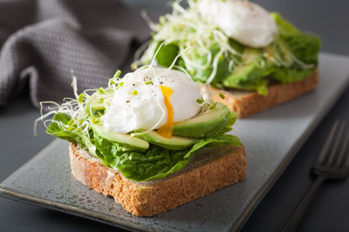 breakfast toast with avocado, poached egg and alfalfa sprouts